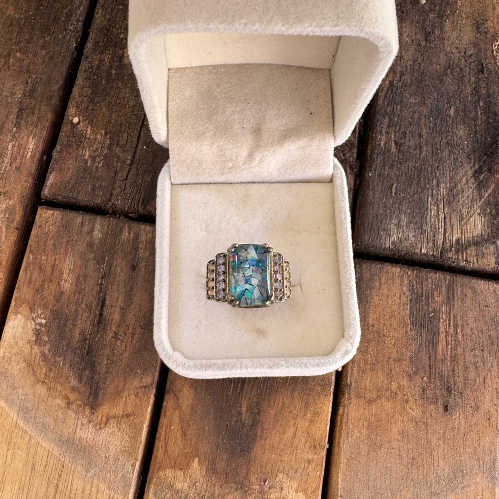 Vintage Size 6 sterling silver blue mosaic ring with crystals